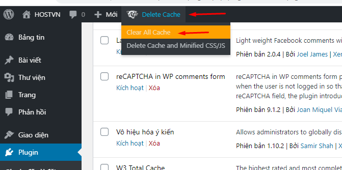 Clear All Cache - xóa cache trong WordPress