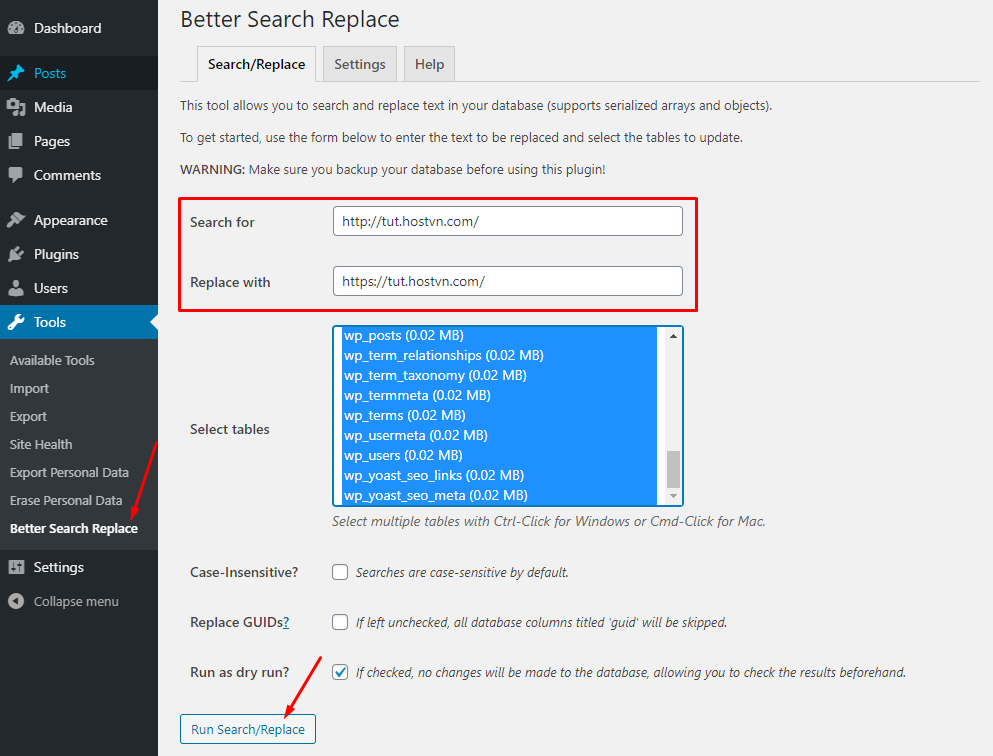Better Search Replace - chuyển HTTP sang HTTPS