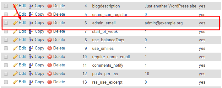 edit columns - thay đổi email admin