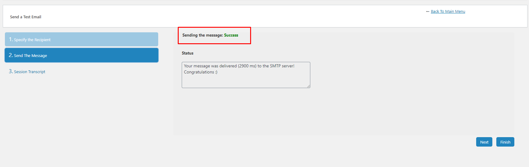 Sending the message: Success - gửi mail SMTP WordPress