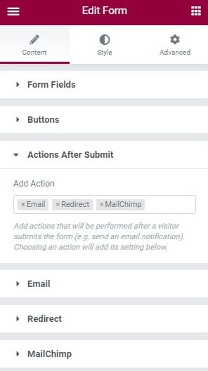 trường actions after submit khi tạo form bằng elementor