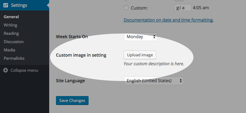 Image Upload Button in WordPress general settings.
