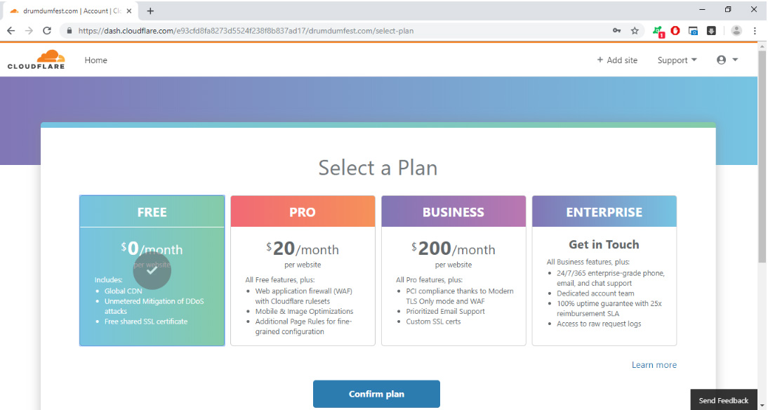 chọn gói cloudflare free plan