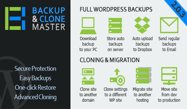 WordPress Backup & Clone Master cho phép tự động tải các bản sao lưu lên DropBox, Google Drive,…