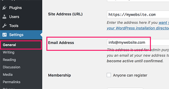thay đổi WordPress site admin email 